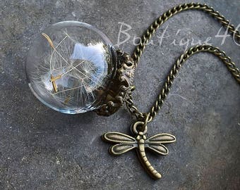 Dandelion necklace, wish necklace, real dandelion seeds, dragonfly necklace