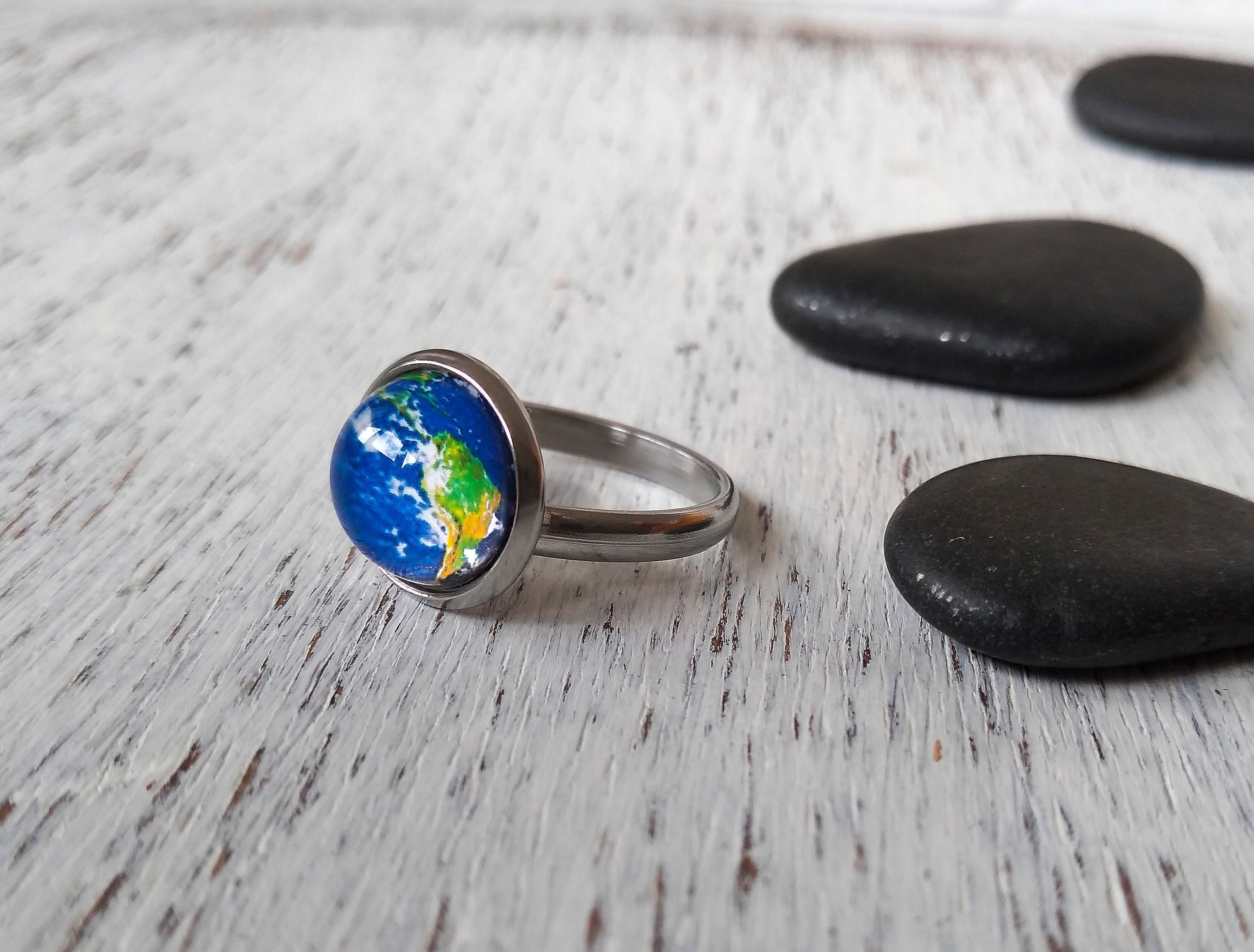 Earth Planet Elements Ring, Sterling Silver, 4 Alchemical Elements Band,  Four Symbols : Earth Air Water Fire, Meditation Astrology jewelry
