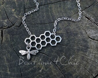 Honeycomb Necklace with small bee, honeybee style necklace, modern, unique