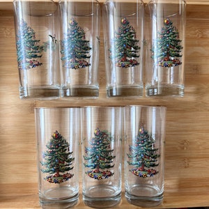 Set of 7 Spode Christmas Tree 15-oz. Highball or Iced Tea Tumblers or Coolers Spode Santa Beverage Glasses Classic Christmas Spode Glass Set