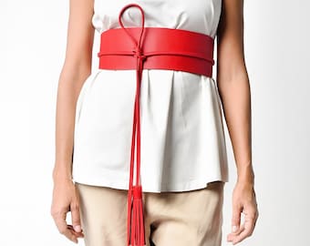 Red Leather Waist Obi Belt, Plus Size Corset Belt, Dress Obi Belt, Waist Wrap Belt, Leather Tie Belt