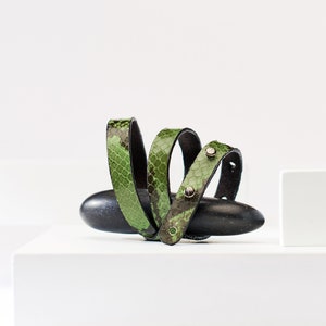 Leather Wrap Bracelet for Women, Green Leather Wristband, Green Snake Print Wrap Leather Bracelet, Thin Wrap Bracelet by PLIK