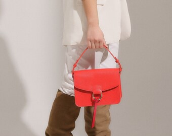 Orange Leder Crossbody Bag, PLIK Schultertasche mit Ring