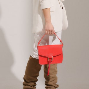Orange Crossbody Leather Bag for Women, Small Shoulder Bag with Ring, Luxury Everyday Leather Crossbody Bag with Detachable Strap by PLIK
