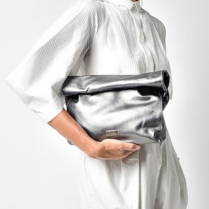 Silver Rollover Clutch Bag, Silver Leather Clutch Purse, Leather Lunch Bag, Luxury Day to Evening Bag, Leather Clutch, Handmade Leather Bag