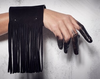 Black Leather Fringe Cuff Bracelet: Italian Leather, Adjustable