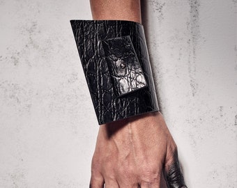 Asymmetric Black Leather Cuff Bracelet: Wide Wristband