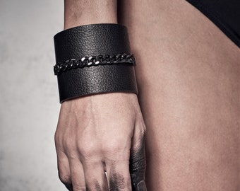 Black Leather Bracelet Cuff with Chain Band, Unisex Leather Bracelet , Black Leather Cuff, Leather Wristband, Statement Bracelet by PLIK