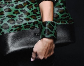 Modern bracelet, Green Leopard Print Leather Cuff, Wide Leather Cuff Bracelet, Steampunk Bracelet, PLIK