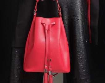 Luxury Bucket Bag, Boho Bag,Leather Bucket Bag for Women, Red Bucket Bag, Designer Leather Bag, Shoulder Bag, Crossbody Bucket bag by PLIK
