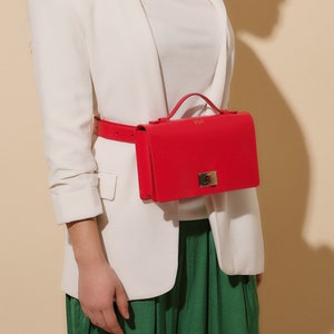 Leather Belt and Crossbody Bag, Fanny Pack for Women, Red Belt Bag, Leather Day to Evening Purse Clutch Bag image 2