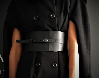 Wide Black Leather Corset Belt: Italian Leather Waist Cincher