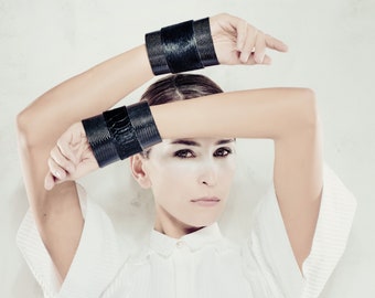 Wide leather bracelet, Black leather cuff, Avant-garde unisex wide leather cuff, Black leather wristband