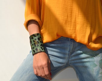 Leopard Print Leather Bracelet Cuff, Wide Leather Wristband, Leopard Print Extravagant Leather Bracelet