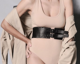 Wide Leather Corset Belt: Studded Waist Cincher by PLIK