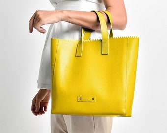 Yellow Leather Handbag, High Quality Handmade Leather Bag for Women, Leather Tote Bag, Yellow Leather Bag, Classic Women Tote Bag by PLIK