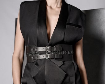 Black Leather Corset Belt: Wide Waist Cincher with Chain Detail