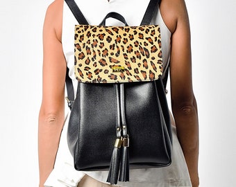Black leather backpack, Leopard print backpack, Stylish leather backpack, Women's city backpack