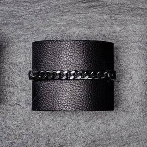 Black Leather Bracelet Cuff with Chain Band, Unisex Leather Bracelet , Black Leather Cuff, Leather Wristband, Statement Bracelet by PLIK image 6