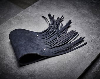 Gray Leather Fringe Bracelet Cuff: Handmade Suede Wristband
