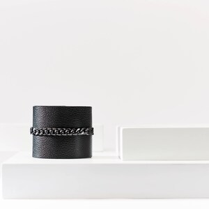 Black Leather Bracelet Cuff with Chain Band, Unisex Leather Bracelet , Black Leather Cuff, Leather Wristband, Statement Bracelet by PLIK image 5