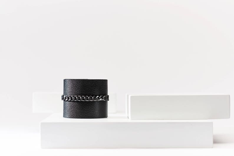 Black Leather Bracelet Cuff with Chain Band, Unisex Leather Bracelet , Black Leather Cuff, Leather Wristband, Statement Bracelet by PLIK image 5