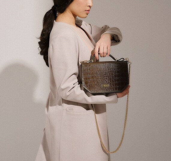Military Green Shoulder Crossbody Purse Bag Small Leather Bag With Chain Elegant Formal Event Leather Bag Etsy