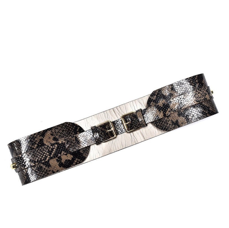 May include: A wide brown and black snakeskin belt with a gold buckle. The belt is made of leather and has a unique design.