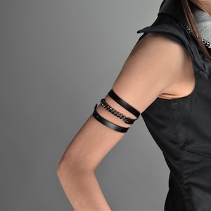 Leather Wrap Chain Bracelet, Black Leather Choker, Avant-garde leather bracelet, Unisex Wrap Leather Bracelet, Black Leather Jewelry, PLIK
