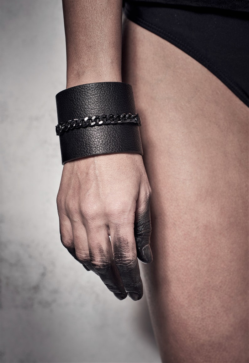 Black Leather Bracelet Cuff with Chain Band, Unisex Leather Bracelet , Black Leather Cuff, Leather Wristband, Statement Bracelet by PLIK image 1