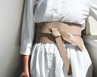 Tan Leather Obi Belt: Wide Corset Wrap Belt