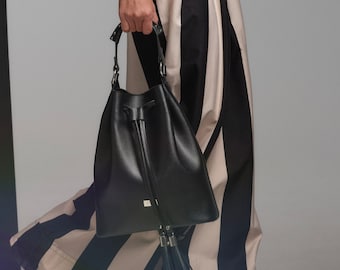 ブラックイタリアンレザーバケットバッグ、デザイナーショルダークロスボディバッグ