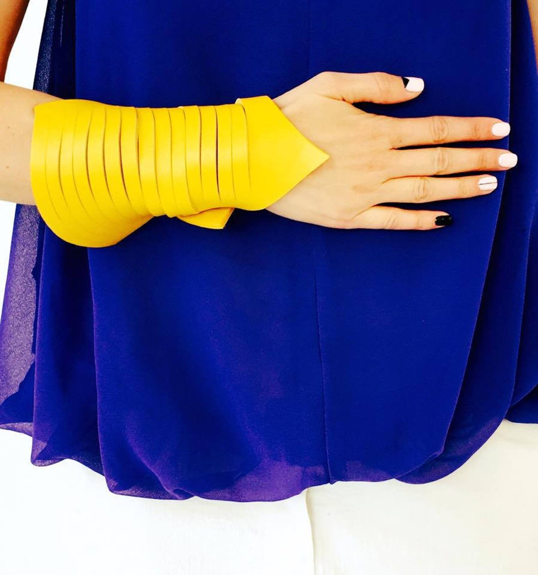 Yellow Leather Bracelet Leather Wrist Cuff for Women Etsy