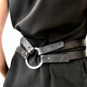 Black Leather Belt For Women, Leather Belt With Ring, Handmade Waist Belt, Fashion Obi Belt, Modern Corset Belt, PLIK
