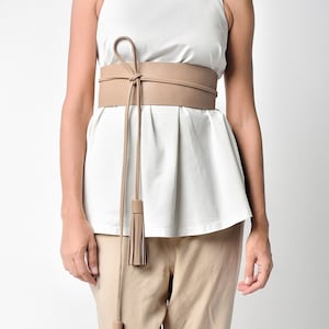 Dress Obi Belt, Leather Waist Obi Belt, Corset Dress Belt, Wrap Tassel Belt, Tan Leather Belt, PLIK