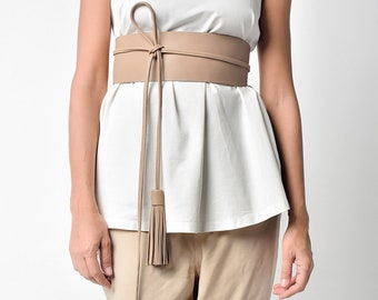 Tan Leather Obi Dress Belt, Waist Wrap Belt with Tassels