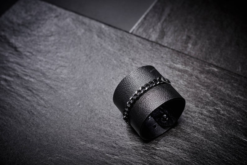 Black Leather Bracelet Cuff with Chain Band, Unisex Leather Bracelet , Black Leather Cuff, Leather Wristband, Statement Bracelet by PLIK image 3