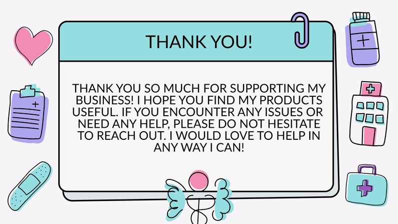 Pode incluir: Ilustra&ccedil;&atilde;o digital com fundo azul claro com uma mensagem que diz "OBRIGADO!" com &iacute;cones m&eacute;dicos. O texto diz: "MUITO OBRIGADO POR APOIAR MEU NEG&Oacute;CIO! ESPERO QUE ACHE MEUS PRODUTOS &Uacute;TEIS."
