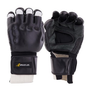 May include: A pair of black leather training gloves with white accents and a velcro wrist strap. The gloves have the text "BRUCE LEE" on the strap.