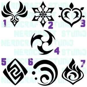 May include: Seven black graphic symbols, each with a unique design, are displayed against a white background. The symbols include stylized shapes like a snowflake, a heart, and a flame. The image has the text "NERDCRAFT STUDIO" in the background.