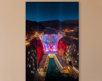 Patriotic Wall Decor for Home or Office, Hoover Dam American Flag Night Photography