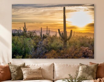 Saguaro Cactus Home Decor, Arizona Desert Sunset Photography for Living Room