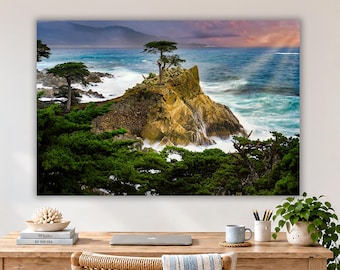 Ocean Artwork for Living Room, Lone Cypress Tree Beach Themed Art, California Decor