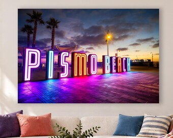 Neon Sign Wall Art, Pismo Beach Pier Retro Decor, California Coastal Print