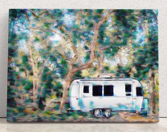 Airstream Travel Trailer Art Camping Decoration with Coat Live Oak Tree in Canvas Triptych and Metal Wall Art