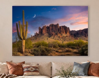 Southwestern Art Saguaro Cactus Decor for Relaxing Bedroom Art, Superstition Mountains Arizona Desert