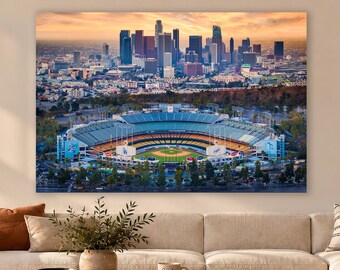 Los Angeles Dodgers Baseball Stadium Wall Art for Man Cave, Skyline Urban Cityscape Photo