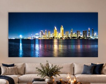 San Diego Skyline Wall Art, Night Cityscape Panorama Photography