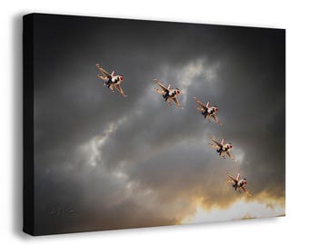 US Airforce Thunderbirds F-16 Fighting Falcon Aviation Artwork, Military Jet Canvas Wall Decor