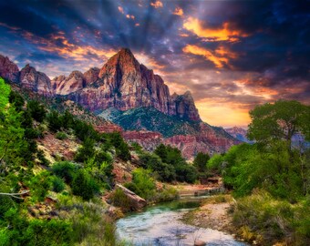 Zion National Park Utah Art, Zion Photo of The Watchman, Panoramic Wall Art 3 Piece Wall Art Canvas, Metal Decor, or Acrylic Print
